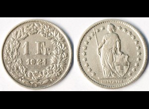 Schweiz - Switzerland 1 Franken Silber-Münze 1921 (r1312