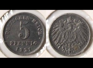 5 Pfennig 1921 G Deutsches Reich Eisen - Jäger 297 bfr. (p404