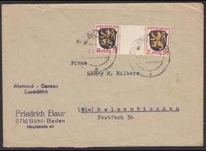 Französische Zone Mi. Nr.6 Zwischensteg-Paar Umschlag Bühl n.Gelsenkirchen 1948