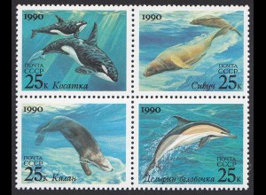 Russia - 1990 Mi.6130-3 Marine Mammals Sea Lions Dolphins Otter Killer Whales