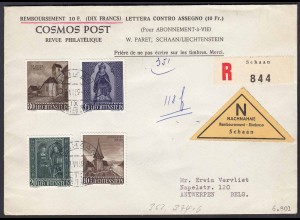 Liechtenstein 1959 R-NN-Brief Mi. 362,374-76 nach Antwerpen (22741