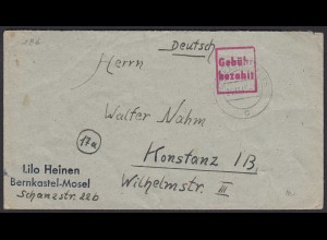 Bernkastel-Kues 1945 Gebühr bezahlt nach Konstanz (20583
