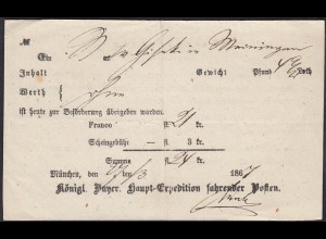 1867 Bayern Königl.Haupt-Expedition fahrender Posten Aufgabe-Schein (23095