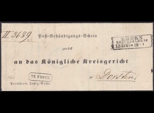 Preussen 1867 Post-Behändigungs-Schein ESSEN R3 - DORSTEN TE-PASSE R1 (24502