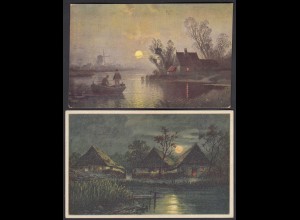 2 Stück AK Künstlerkarten Mondschein Fischerei (26703
