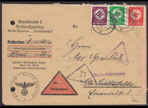 3.Reich Dienst Orts-Nachnahme MEF 3-farbig 1937 Mi.134,135,139 Spandau (21681