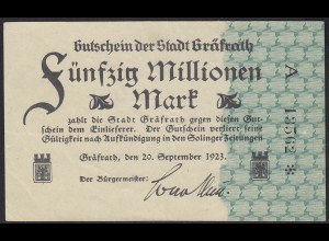 1923 Gräfrath 50 Millionen mark Serie A Starnote Gutschein Notgeld blaugrün Udr