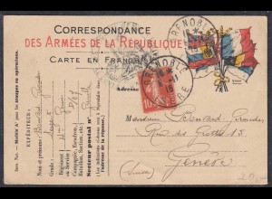 Frankreich-France Army Postal Card Allied Flags 1915 GRENOBLE ISERE to GENEVE