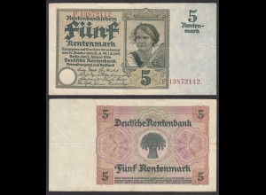 Rentenbankschein 5 Rentenmark 1926 Ro 164b Pick 169 VF (3) Serie E (29180