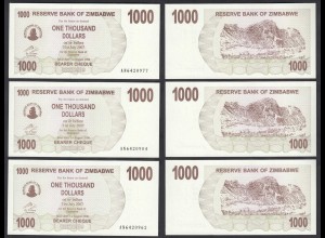 Simbabwe - Zimbabwe 3 Stück á 1000 Dollars 2007 Pick 44 UNC (1) (29890