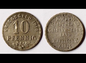 BOCHUM GELSENKIRCHEN HATTINGEN 10 Pfg. 1918 Kriegsgeld Eisen Funck 49.1a (R914