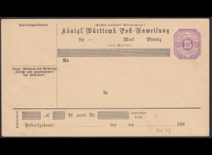 Württemberg 15 Pfennig Ganzsache Postanweisung Umschlag AU42 ungebraucht (20051