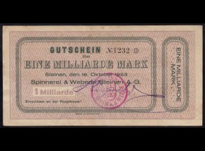 Steinen 1 Milliarde Mark 1923 Spinnerei & Weberei Notgeld Starnote (14856