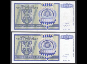 2 Stück Bosnien Herzegowina - 10 Millionen Dinara 1993 Pick 144a aUNC (1-)