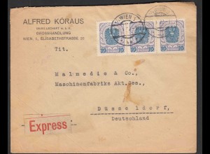 Österreich Express-Brief Wien 3er Streifen 10 Kronen 1922 nach Düsseldorf