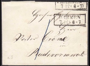 Preussen ca.1850 Pastoren-Umschlag Barmen R2 nach Radevormwald (29681