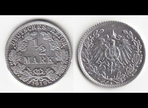 1/2 Mark Kaiserreich EMPIRE 1919 A Silber Jäger 16 (31453