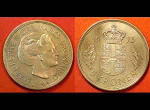 DÄNEMARK DENMARK 5 Kronen Münze 1973 Margarete II. (3813