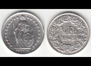 Schweiz - Switzerland 1/2 Franken 1943 SILVER Silber COIN (31705