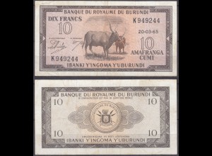 Burundi 10 Francs 20-03-1965 PICK 9 VF (3) (11575