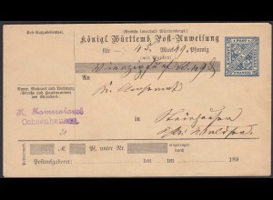 Württemberg Postanweisung Ganzsache Umschlag 20 Pfennig selten (26430