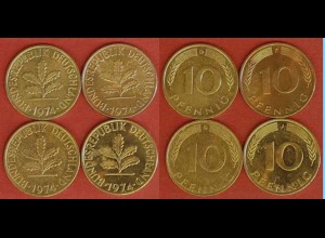 10 Pfennig complete set year 1974 all Mintmarks (D,F,G,J) Jäger Nr. 383 (483