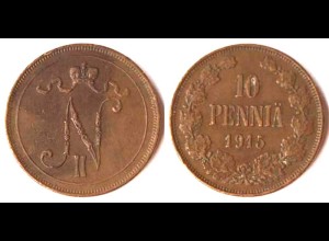 Finland - Finnland 10 Penniä Münze 1915 Nikolaus II.1894-1917 (074
