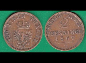 Brandenburg-Preussen 2 Pfennig Münze 1867 B Wilhelm I. 1861-1888 (32525