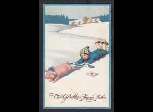 AK Litho Neujahr Neues Jahr Kinder Schwein Eis Schnee (16697