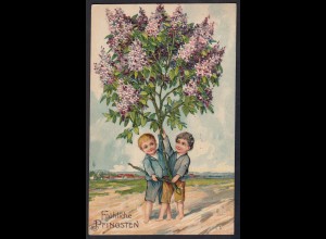 AK Frohe Pfingsten 1912 Prägedruck Kinder Blumen Flieder (17477