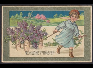 AK Fröhliche Pfingsten Prägedruck Kinder Blumen 1909 (17483