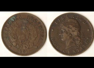 Argentinien Argentina Dos (2) Centavos Münze 1891 (9548