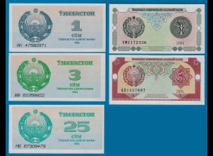 USBEKISTAN - UZBEKISTAN 5 Stück Banknoten 1992-94 UNC (18190