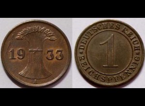 1 Reichspfennig 1933 A - D. Reich Jäger Nr. 313 Erhaltung (b399