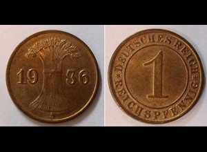 1 Reichspfennig 1936 A - D. Reich Jäger Nr. 313 Super Erhaltung (b403