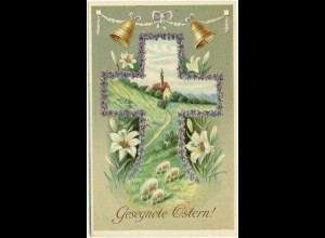 AK feine Prägekarte Ostern Glocken Schafe Kreuz (2697