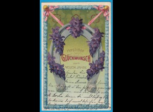 AK Prägekarte Neujahr Hufeisen Blumen 1905 Prägedruck (2757