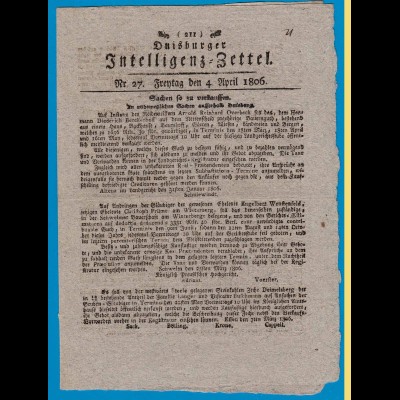 Duisburger Intelligenz Zettel Ausgabe vom 4.4.1806 XX selten (18510