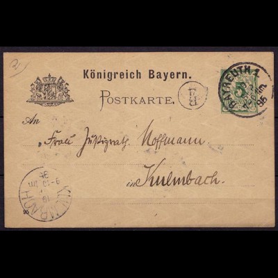 Bayreuth-Kulmbach Bayern 1895 Karte Distributions/Briefträgerstempel B4 (b777