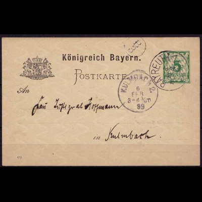 Bayreuth-Kulmbach Bayern 1899 Karte Distributions/Briefträgerstempel B3 (b775
