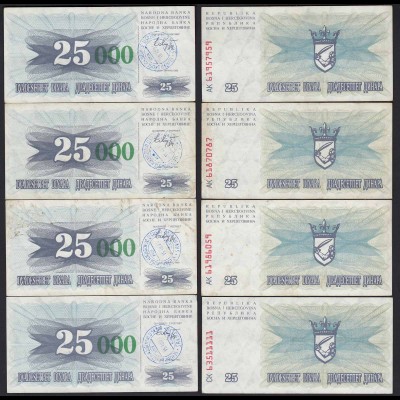 BOSNIEN - BOSNIA 4 Stück 25.000 Dinara 15.10.1993 VF Pick 54a (19752