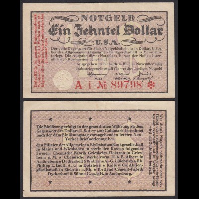 Biebrich 1/10 Dollar USA Banknote 1923 Wertbestaendiges Notgeld Starnote (20410