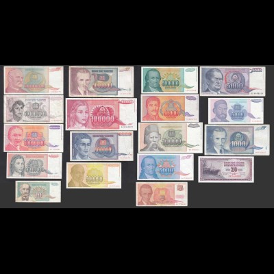 JUGOSLAWIEN - YUGOSLAVIA 18 Stück verschiedene Banknoten (20736