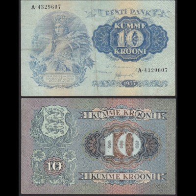 ESTONIA - EESTI - ESTLAND 10 Krooni Banknotes 1937 Pick 67a VF A-4329607 (13954