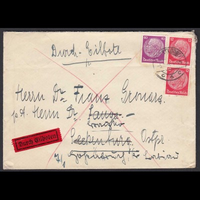 3.Reich Eilboten Brief 1940 Mif. Hindenburg 12 + 40 Pfg Ak.Seckenburg (22200