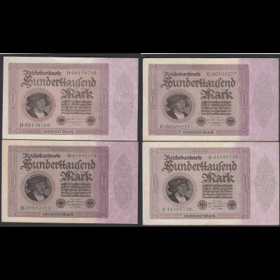 Reichsbanknote 4 x 100.000 Mark 100-tausend 1923 VF Ros.82a Serie B,C,D,E
