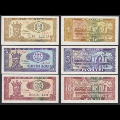 Moldawien - Moldova - 1,5,10 Leu Banknoten 1992 Pick 5,6,7 UNC (1) (17882