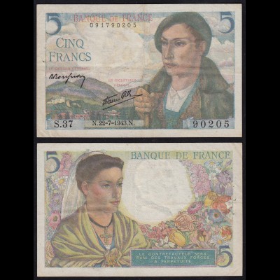 FRANKREICH - FRANCE 5 Francs Banknote 1943 Pick 98 VF (3) (17548