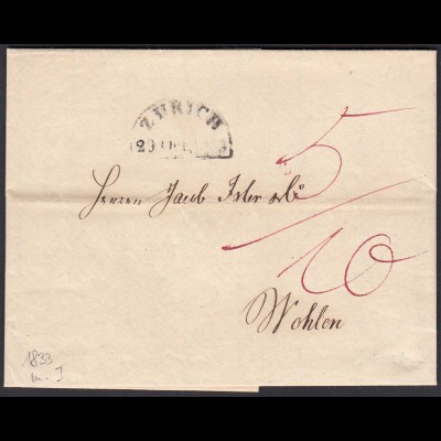 Schweiz 1833 Brief Zürich halbrund nach Wohlen Inhalt (23709