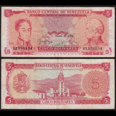Venezuela 5 Bolivares Banknote 1974 VF- (3-) Pick 50h (23942